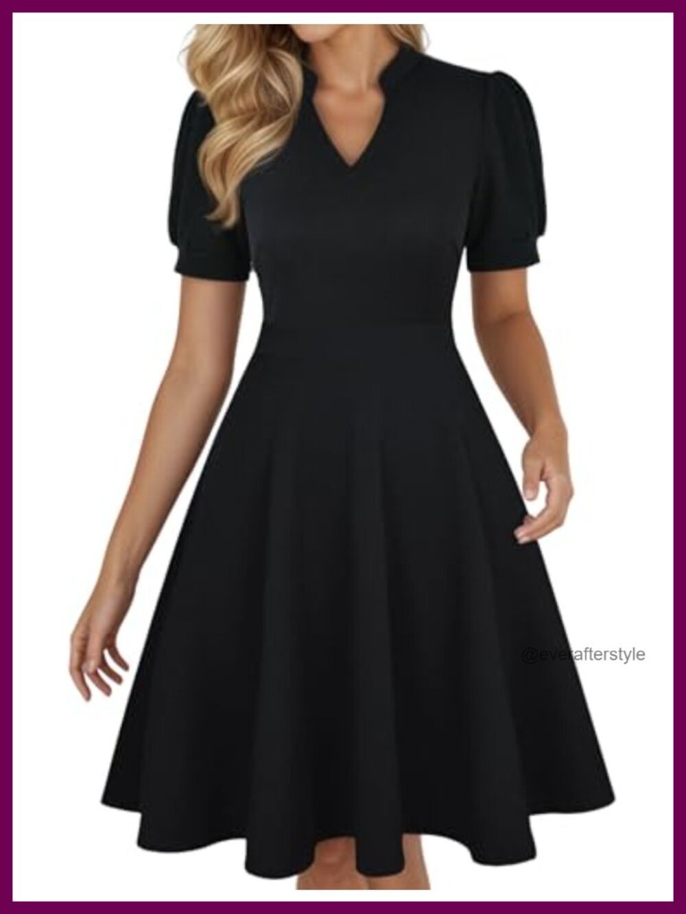Womens Summer Short Puff Sleeve V-Neck Fit Flare Dress with Pockets